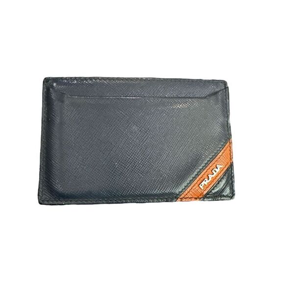 Prada Saffiano Leather Pouch Card Case Holder Navy With Orange Stripe Minimalist - Picture 1 of 5